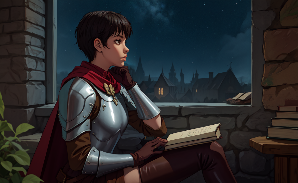 17172-3088214464-, lofistudy, 1girl, from side, writing, , casca _(berserk_), breastplate, brown gloves, thigh boots, shoulder armor, cape, pelvi.png